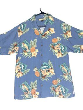 Tommy Bahama Mens Hawaiian Button-Up Shirt Size M Blue Tropical Pineapple Print